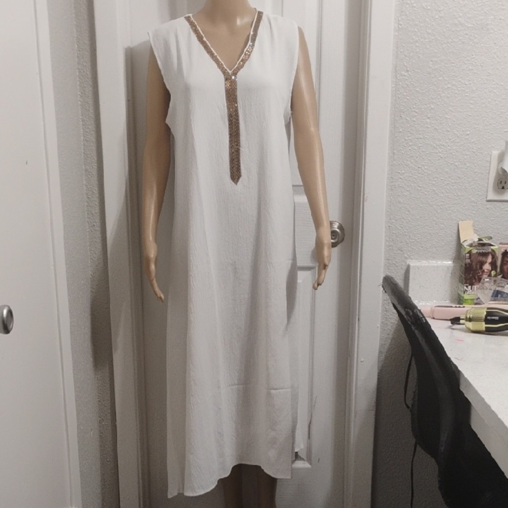 White Sleeveless Maxi Dress with Gold Accent